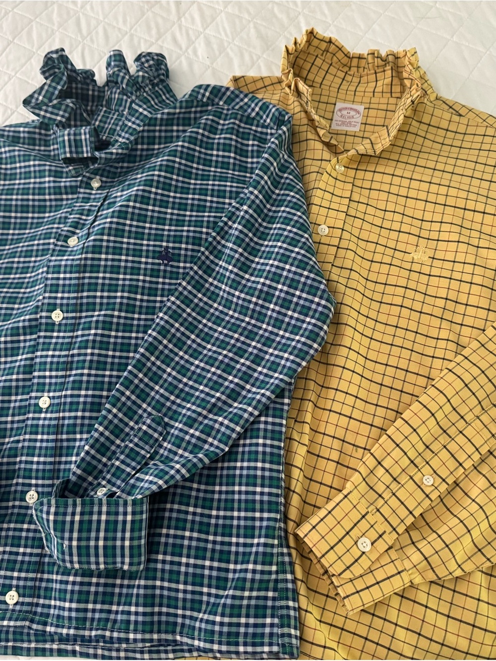 BOGO 1/2 off. B Brothers Green Plaid, Yellow Check shirts,ruffle collars 60$ =2
